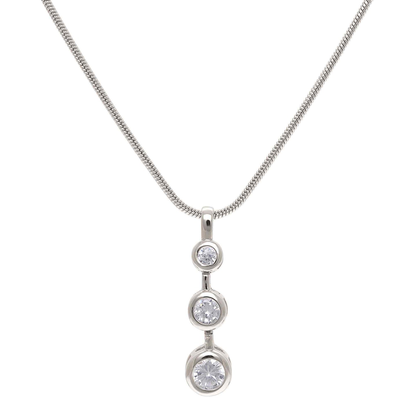 A three stone bezel set simulated diamond necklace displayed on a neutral white background.