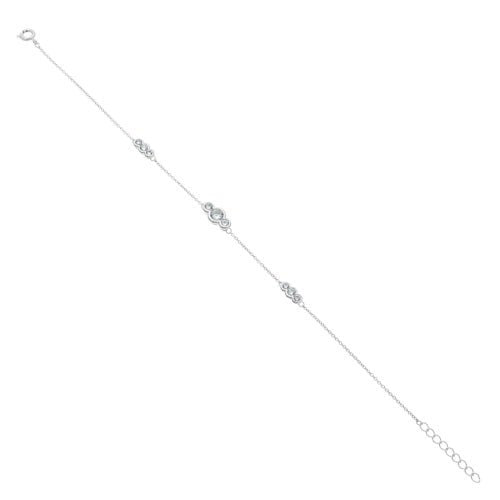 A three stone simulated diamond tin cup bracelet displayed on a neutral white background.