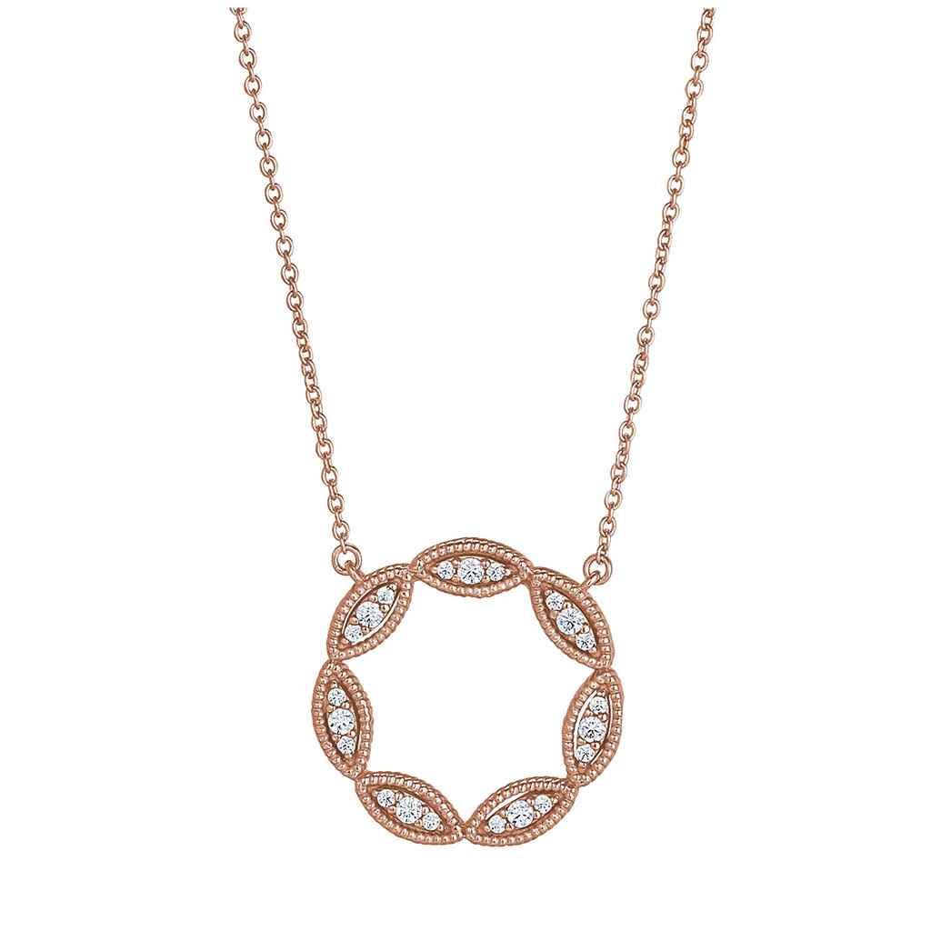 A three stone marquise open circle necklace with simulated diamonds displayed on a neutral white background.