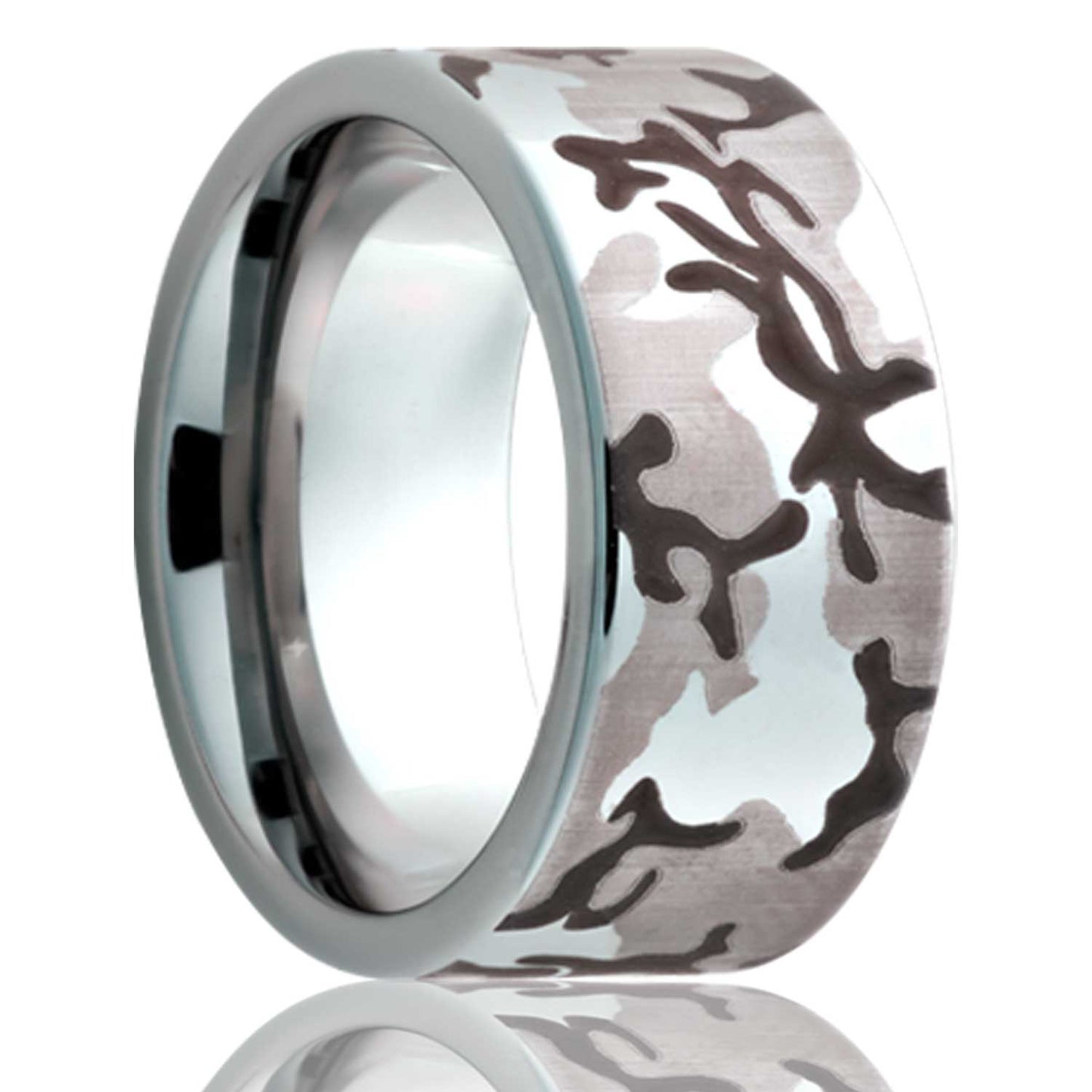 A engraved camo titanium wedding band displayed on a neutral white background.