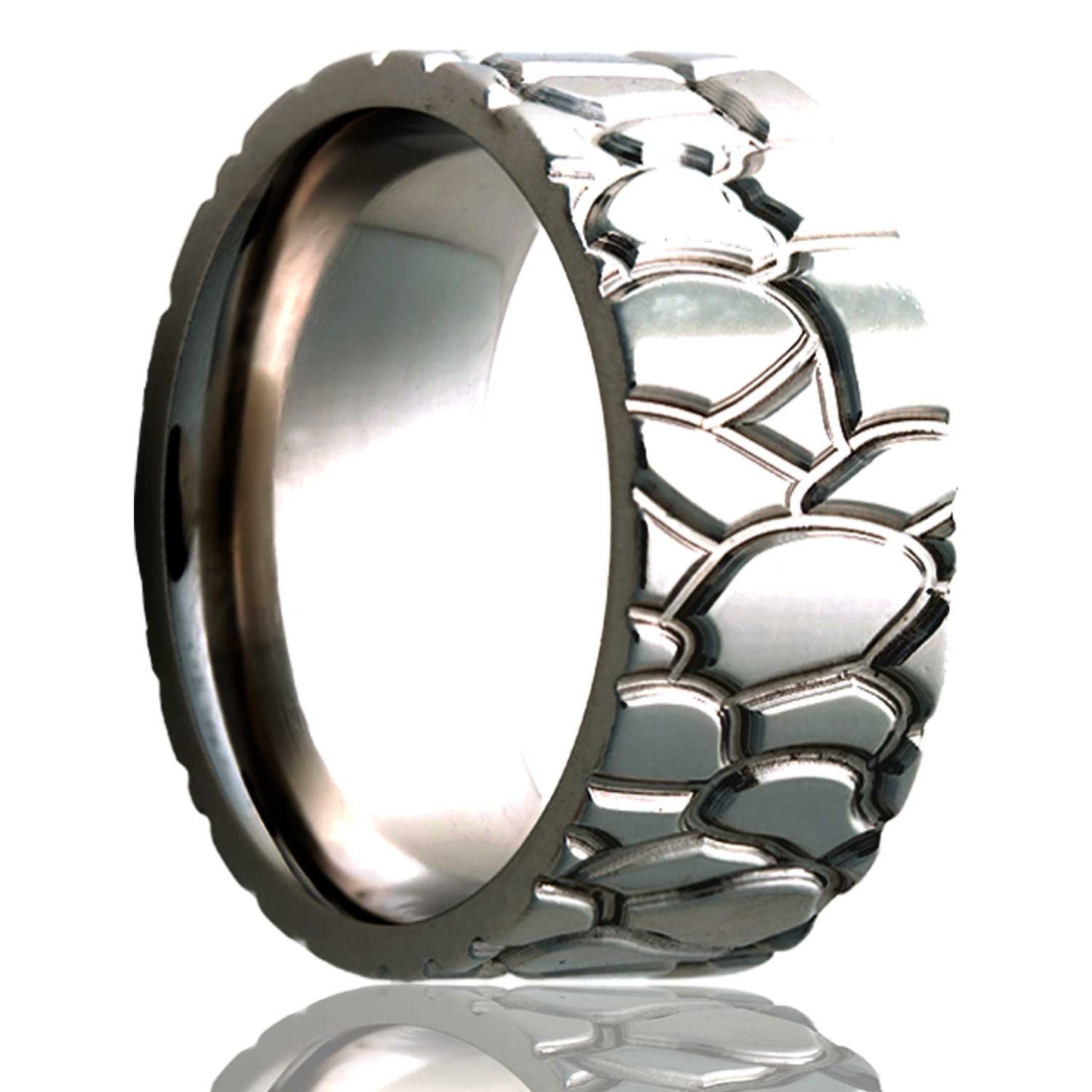 A cobblestone titanium wedding band displayed on a neutral white background.