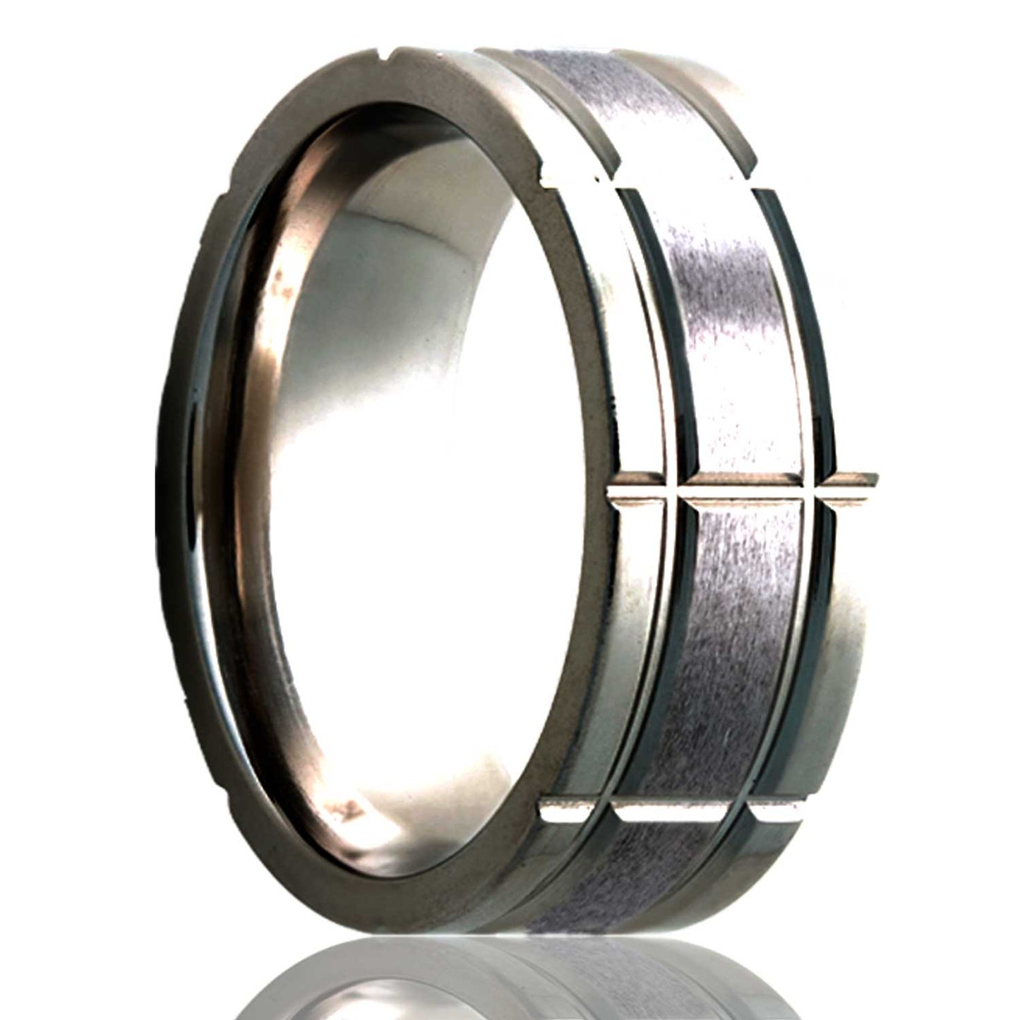 A intersecting groove pattern satin finish cobalt wedding band displayed on a neutral white background.