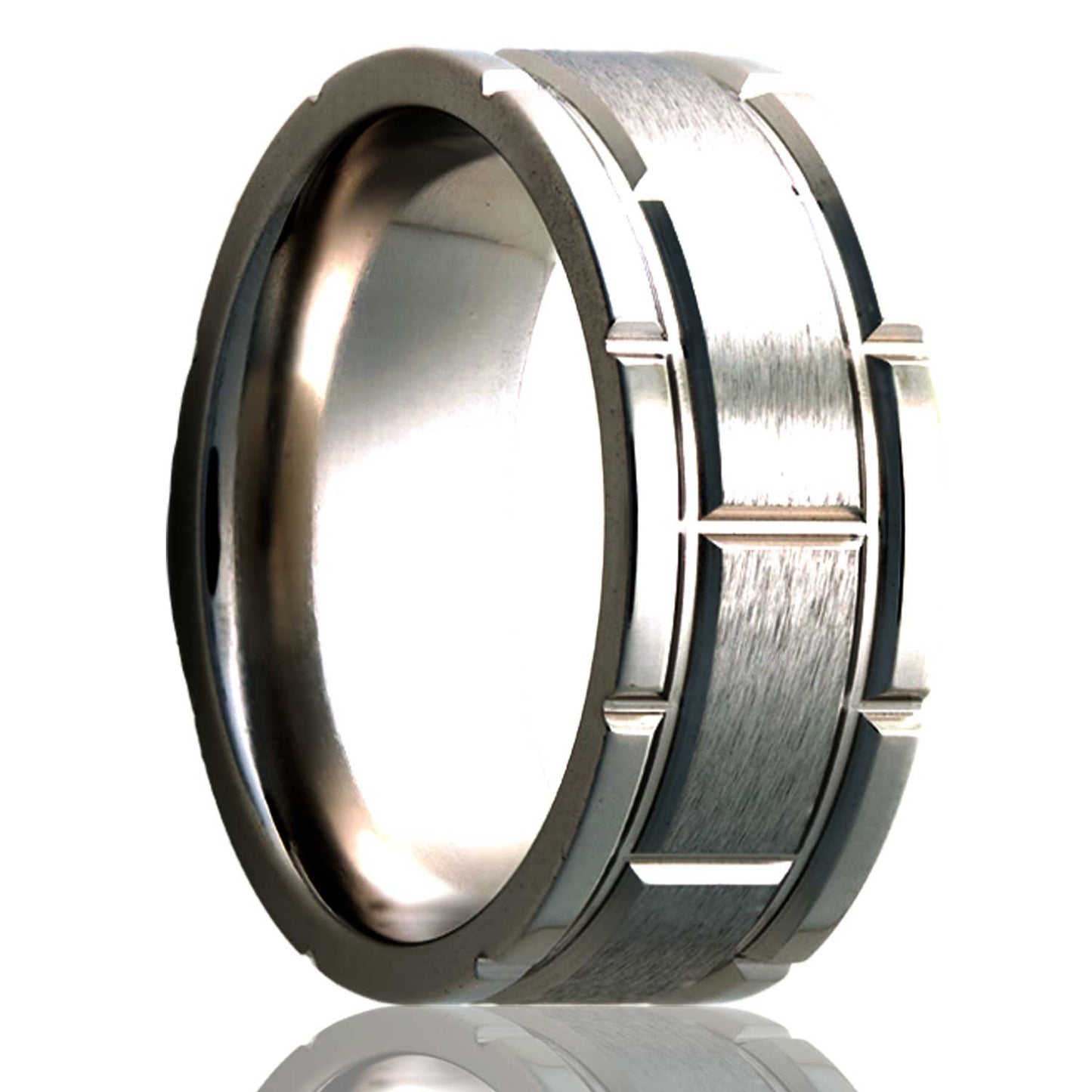 A brick pattern satin finish titanium wedding band displayed on a neutral white background.