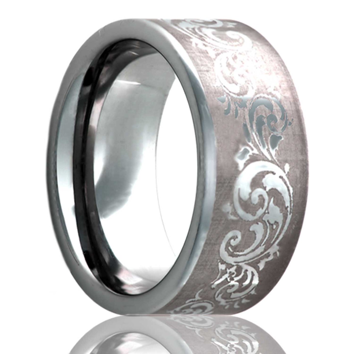 A swirl pattern titanium wedding band displayed on a neutral white background.