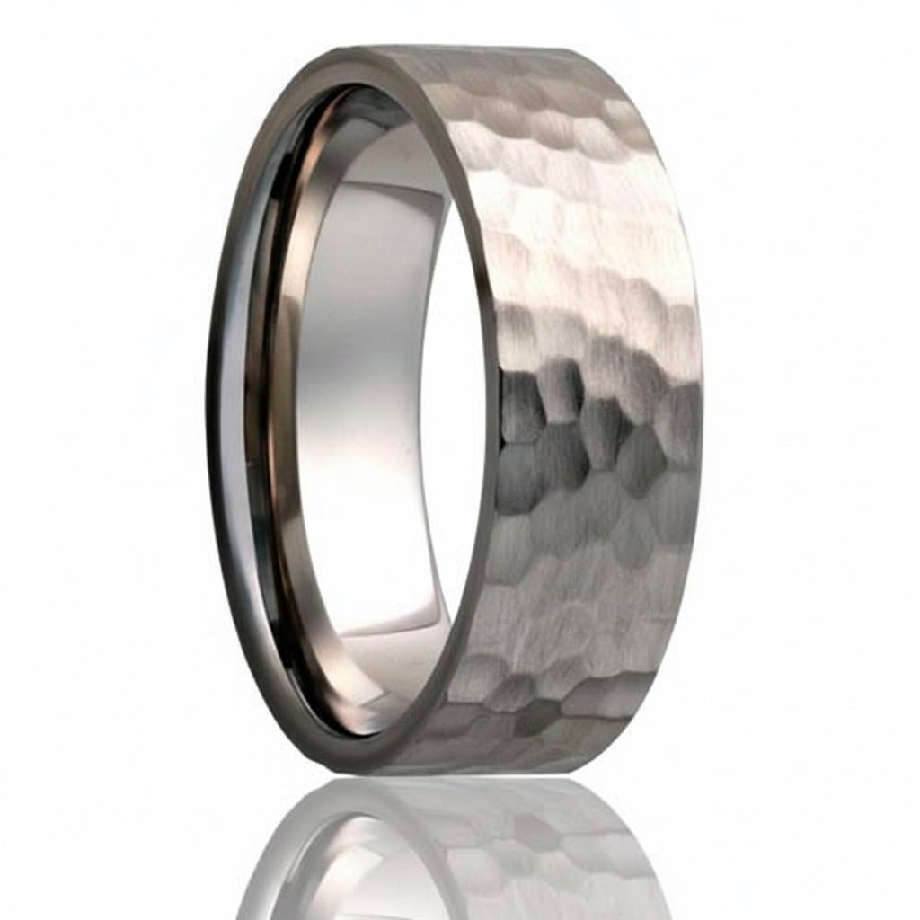 A hammered finish titanium wedding band displayed on a neutral white background.