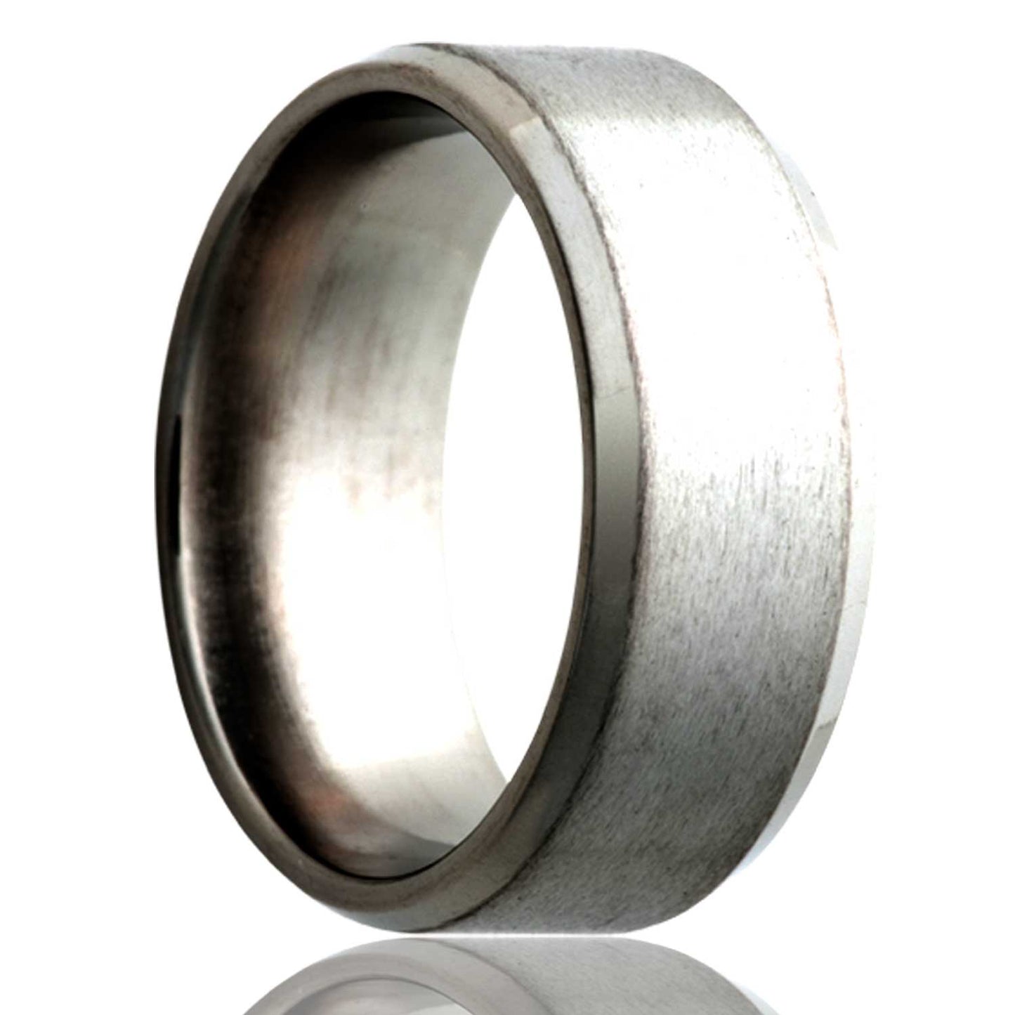 A satin finish titanium wedding band with beveled edges displayed on a neutral white background.