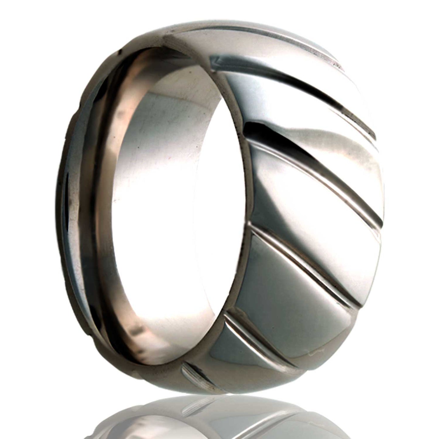 A diagonal grooves domed cobalt wedding band displayed on a neutral white background.