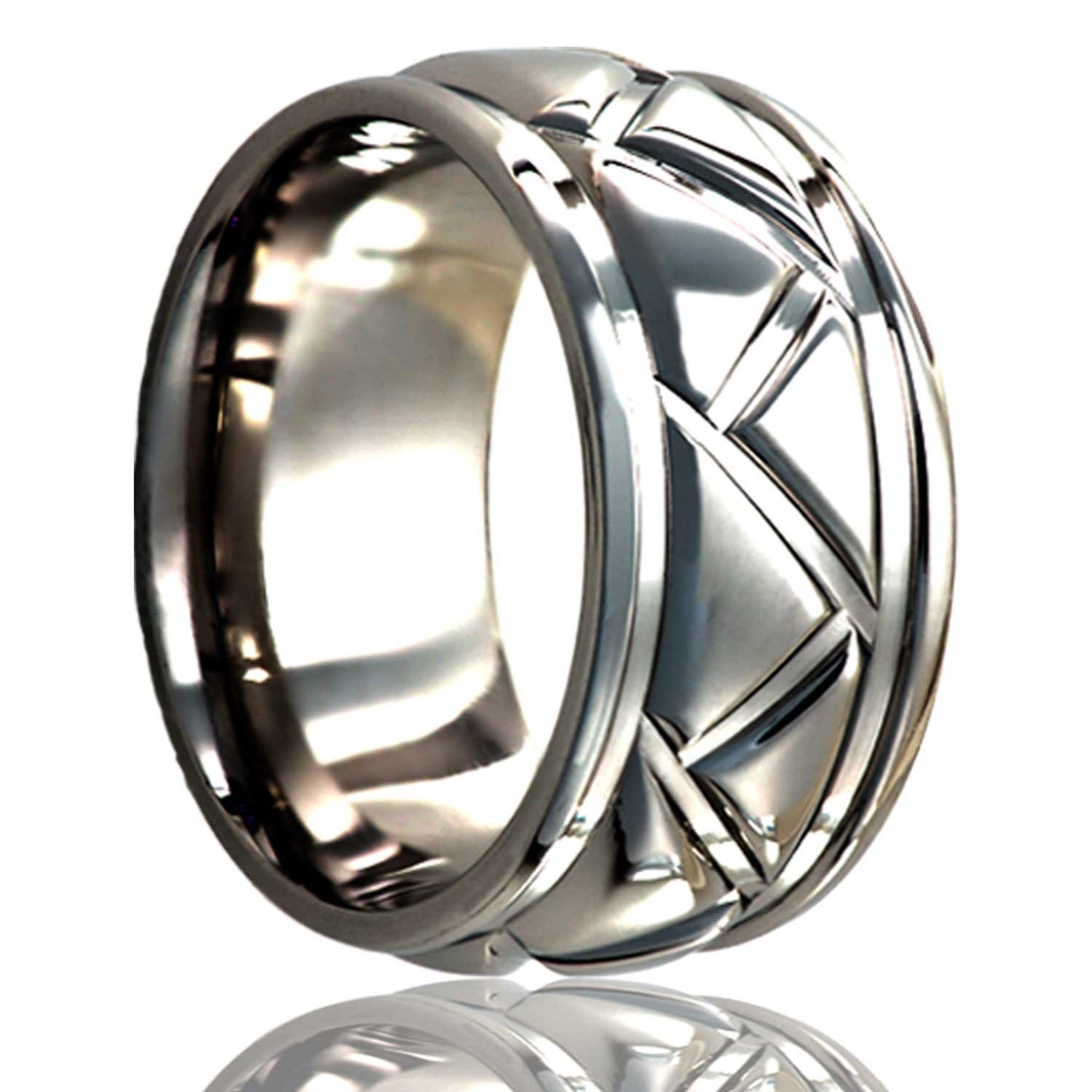 A grooved triangles domed cobalt wedding band displayed on a neutral white background.