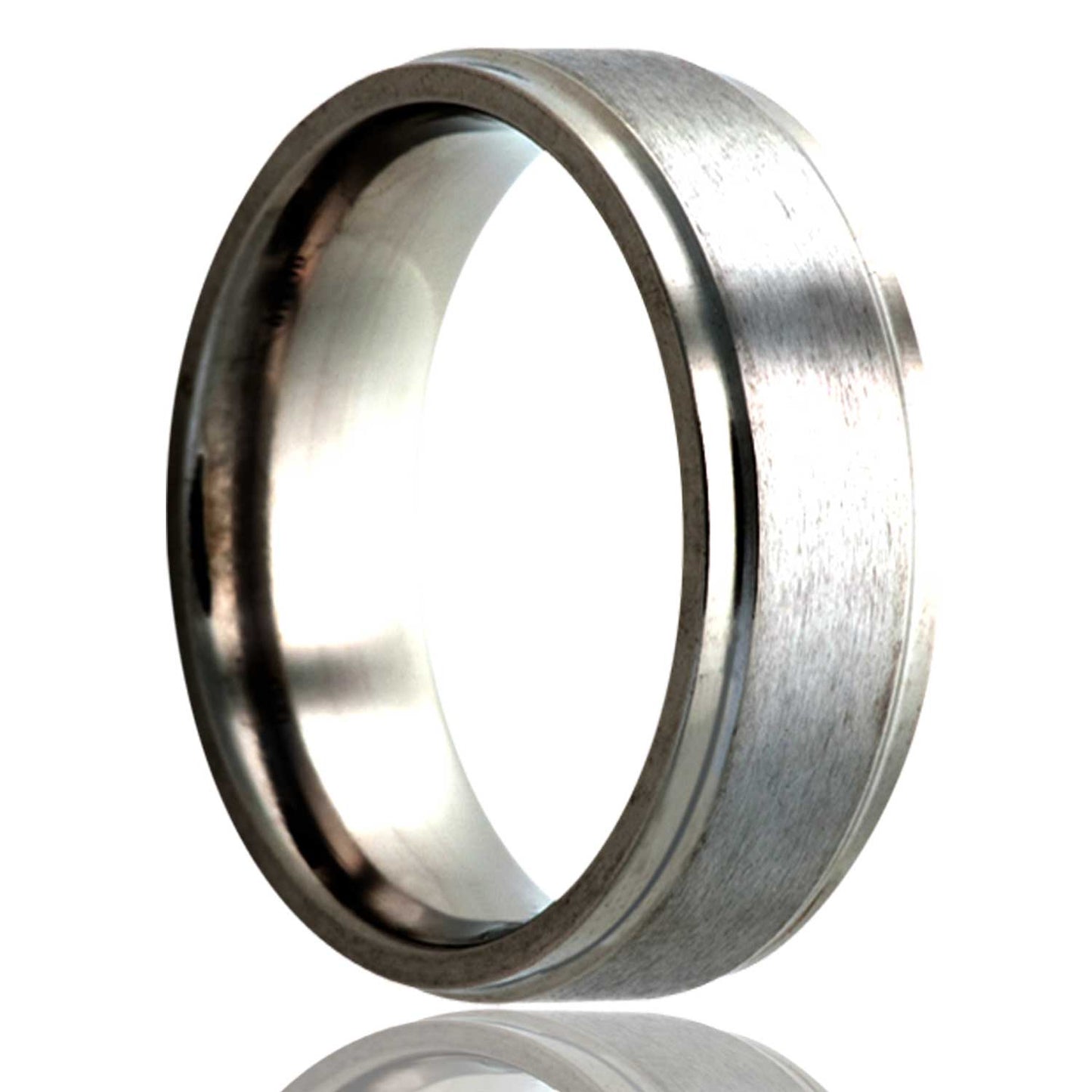 A satin finish titanium wedding band with stepped edges displayed on a neutral white background.