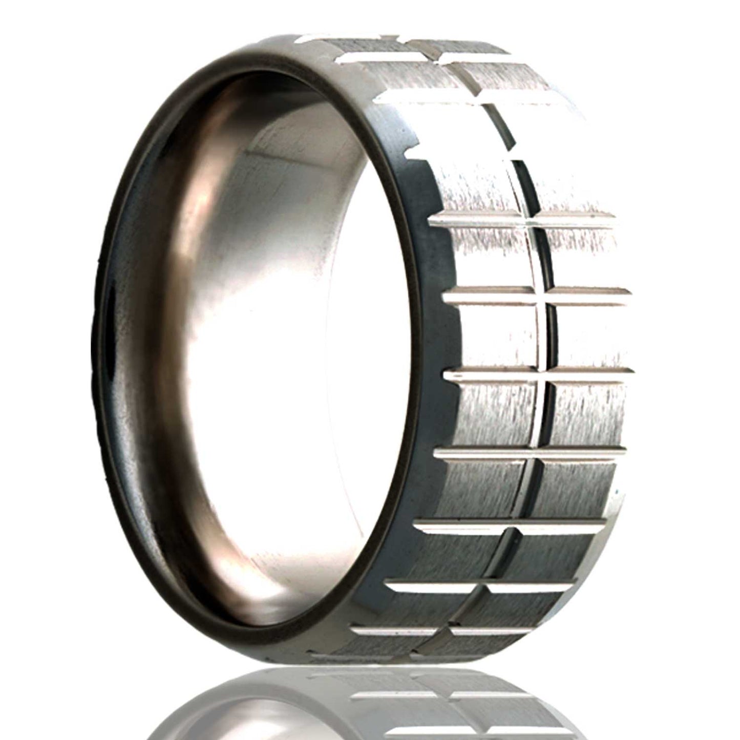 A check pattern satin finish titanium wedding band with beveled edges displayed on a neutral white background.