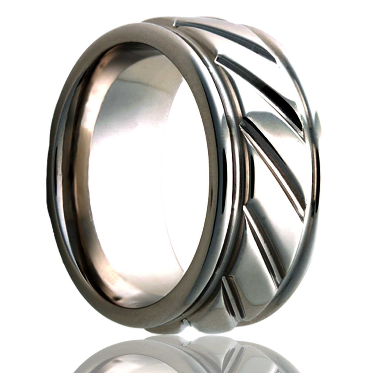 A diagonal grooves cobalt wedding band with stepped edges displayed on a neutral white background.