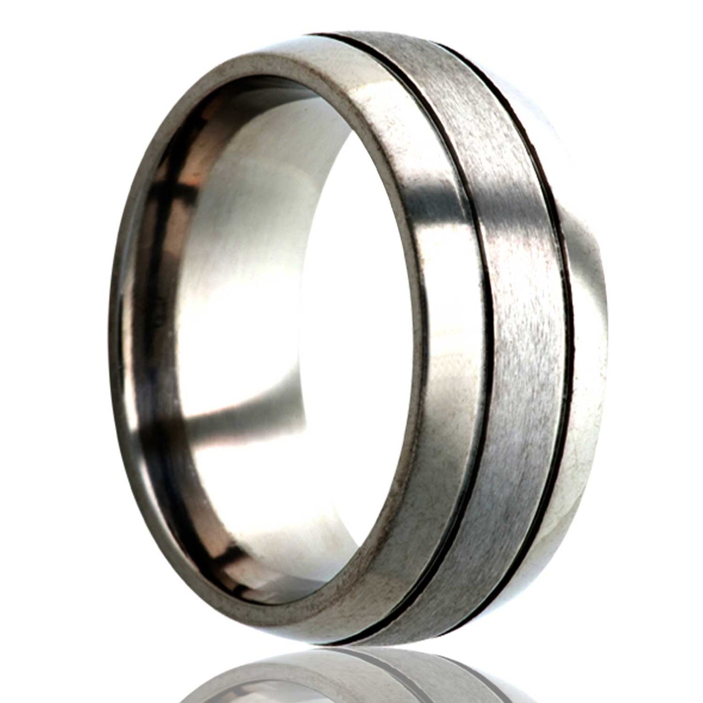 A domed satin finish grooved titanium wedding band with polished edges displayed on a neutral white background.