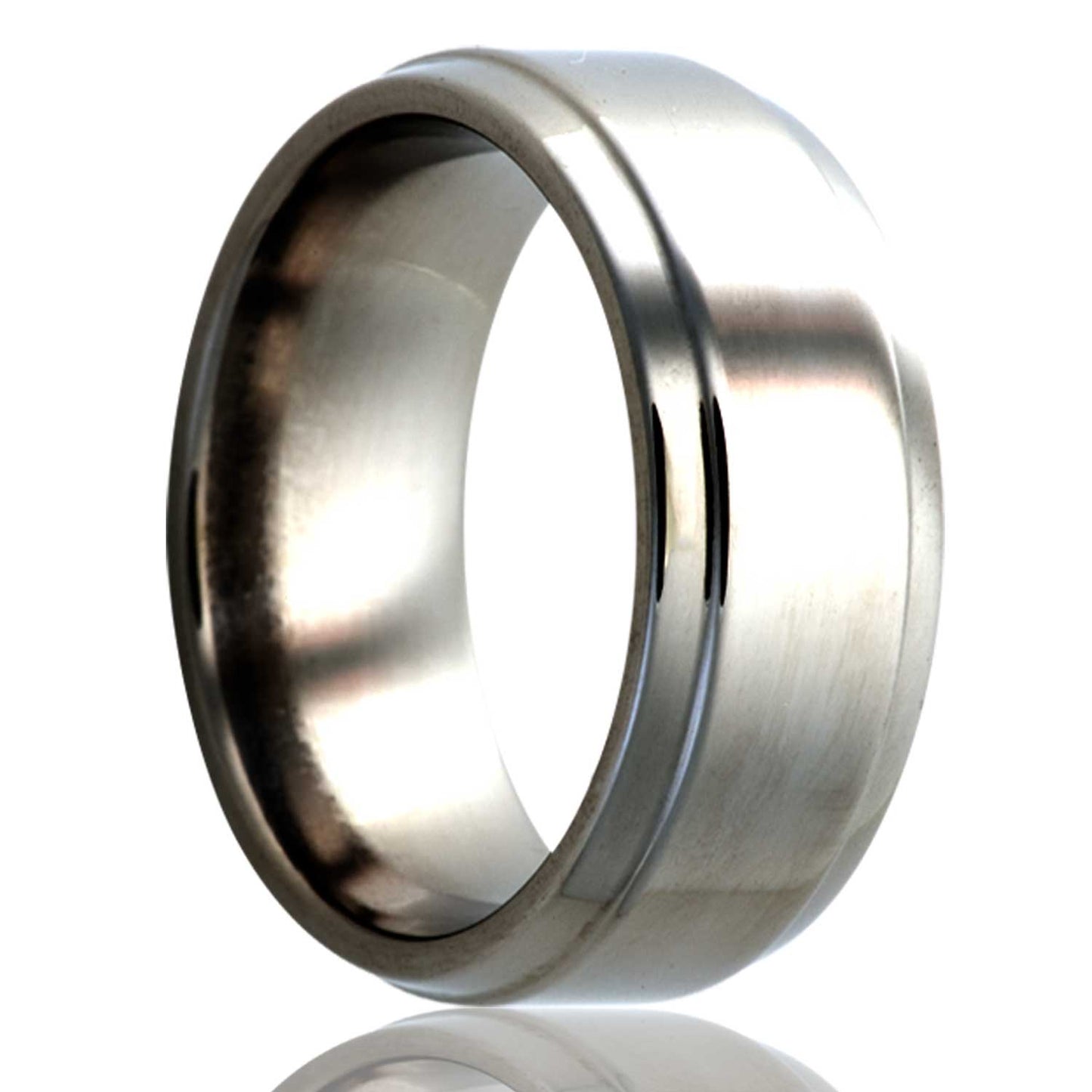 A titanium wedding band displayed on a neutral white background.