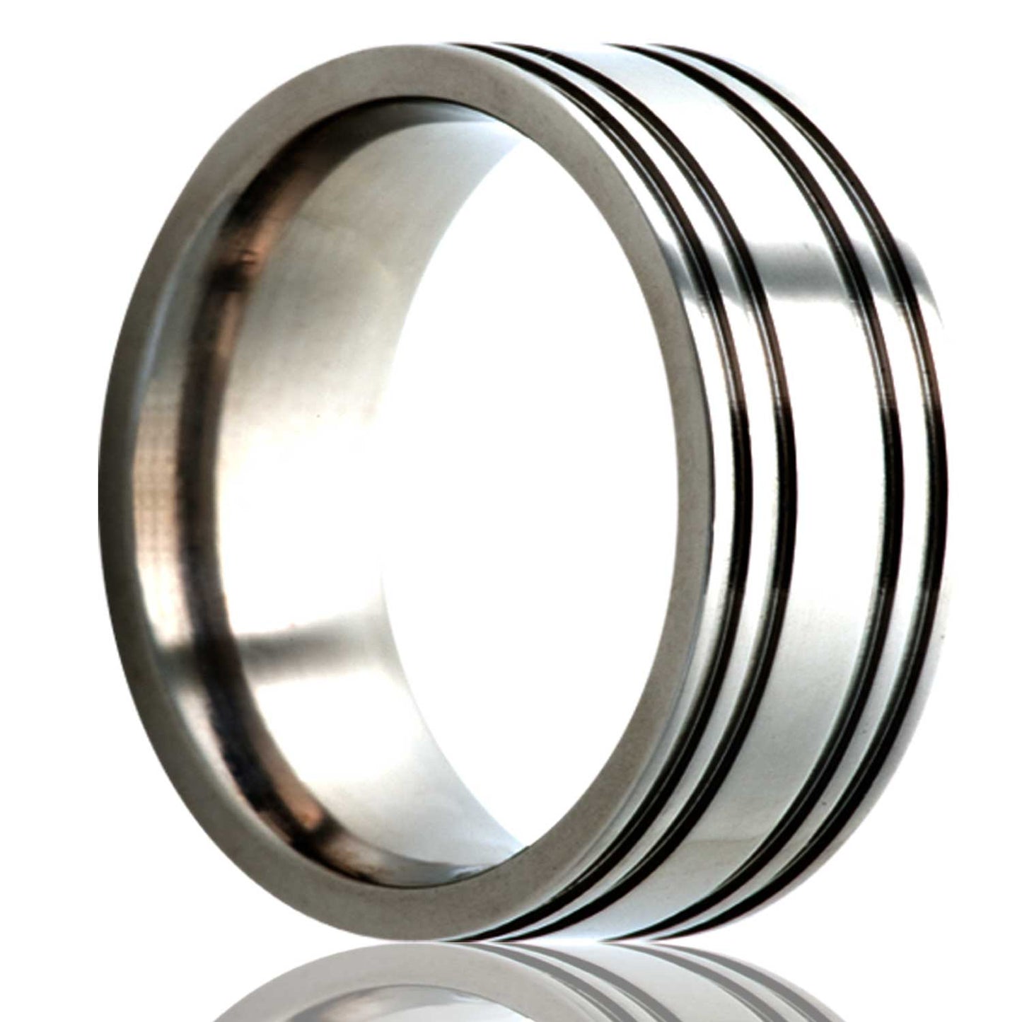 A quadruple grooved titanium wedding band displayed on a neutral white background.