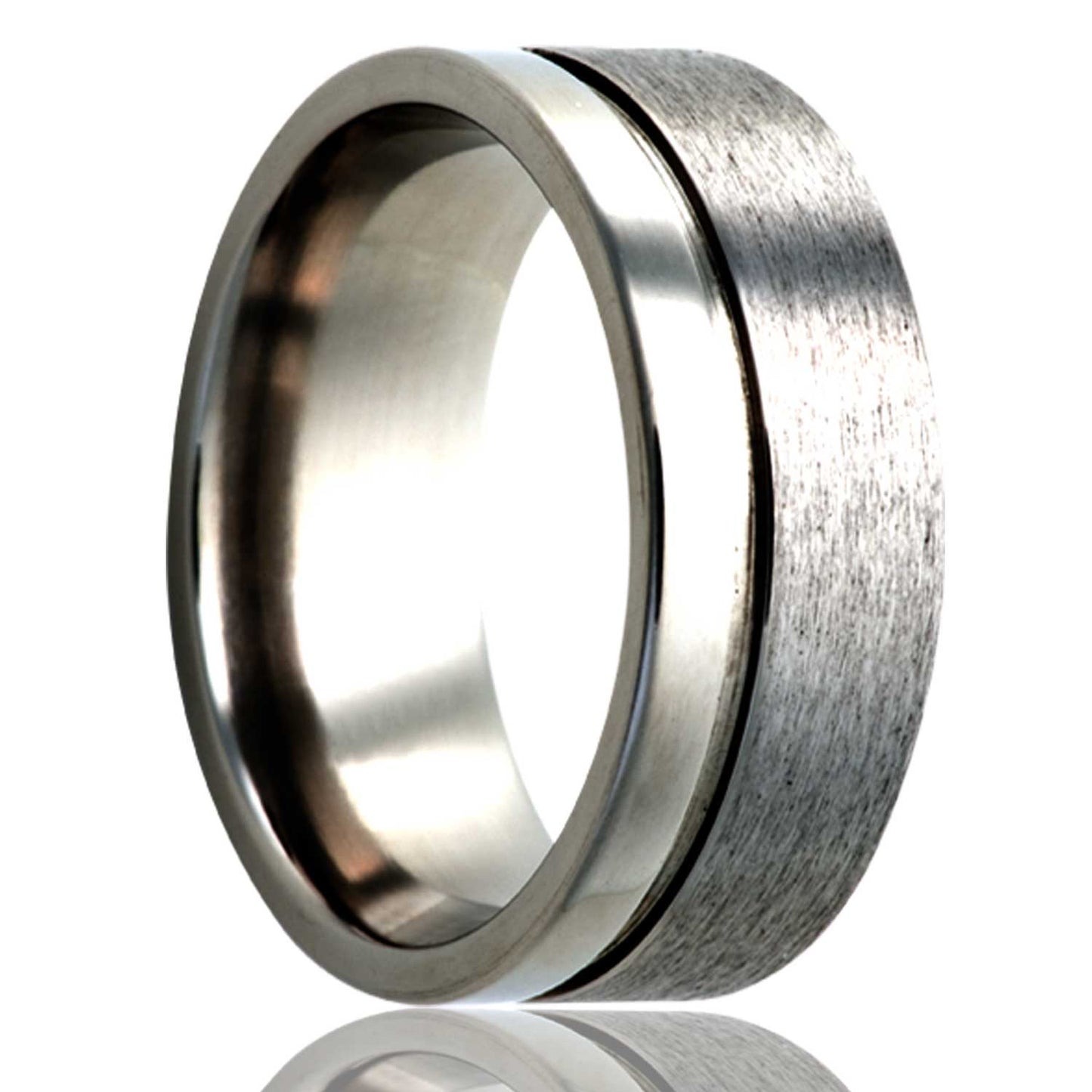 A asymmetrical grooved satin finish titanium wedding band displayed on a neutral white background.