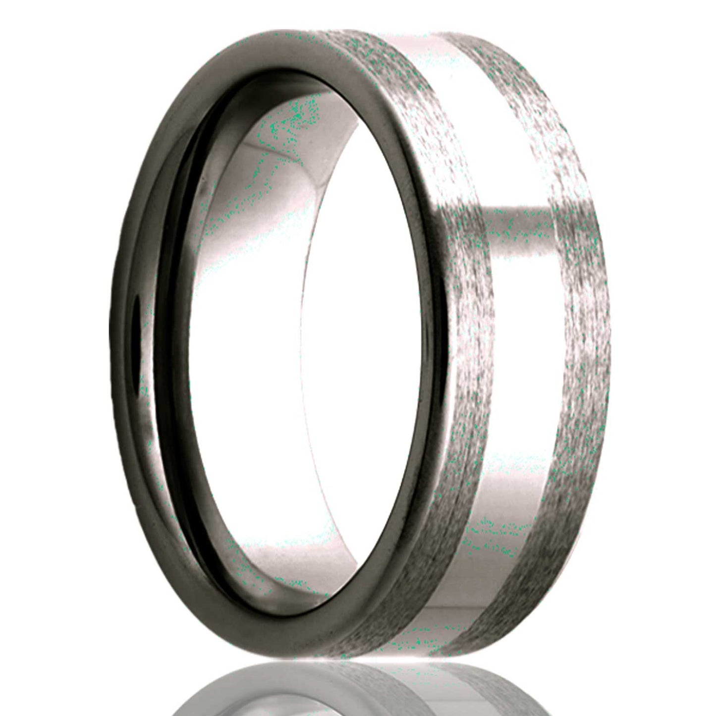 A satin finish titanium wedding band with polished center displayed on a neutral white background.