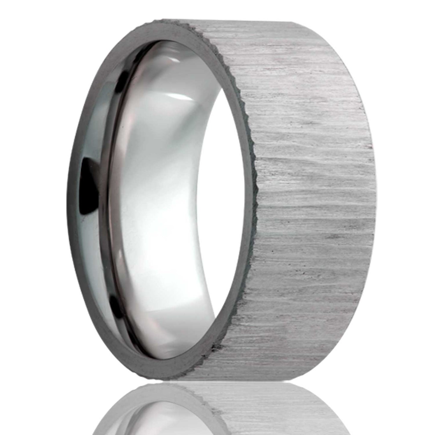 A treebark titanium wedding band displayed on a neutral white background.