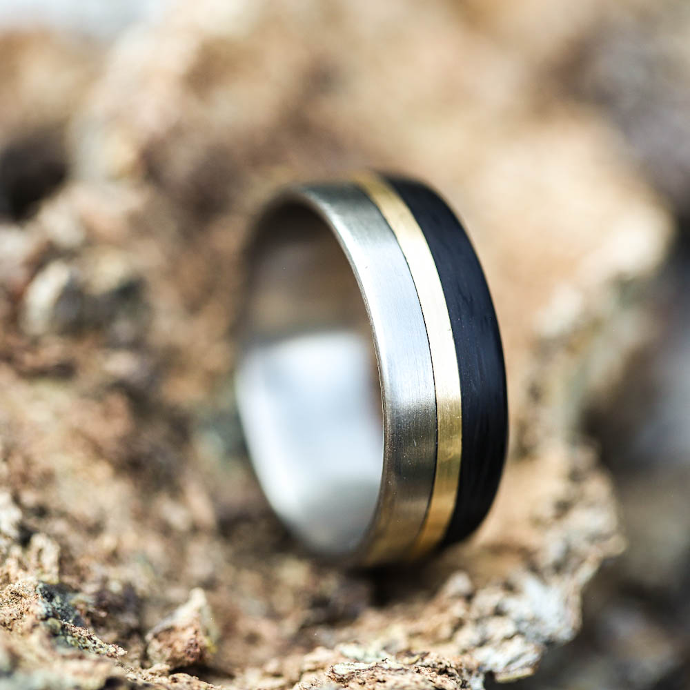 Titanium & Carbon Fiber Men's Wedding Band with 14k Gold Inlay