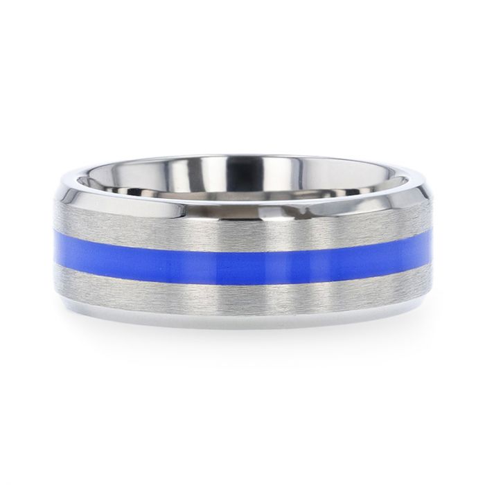 Titanium Men's Wedding Band with Blue Stripe