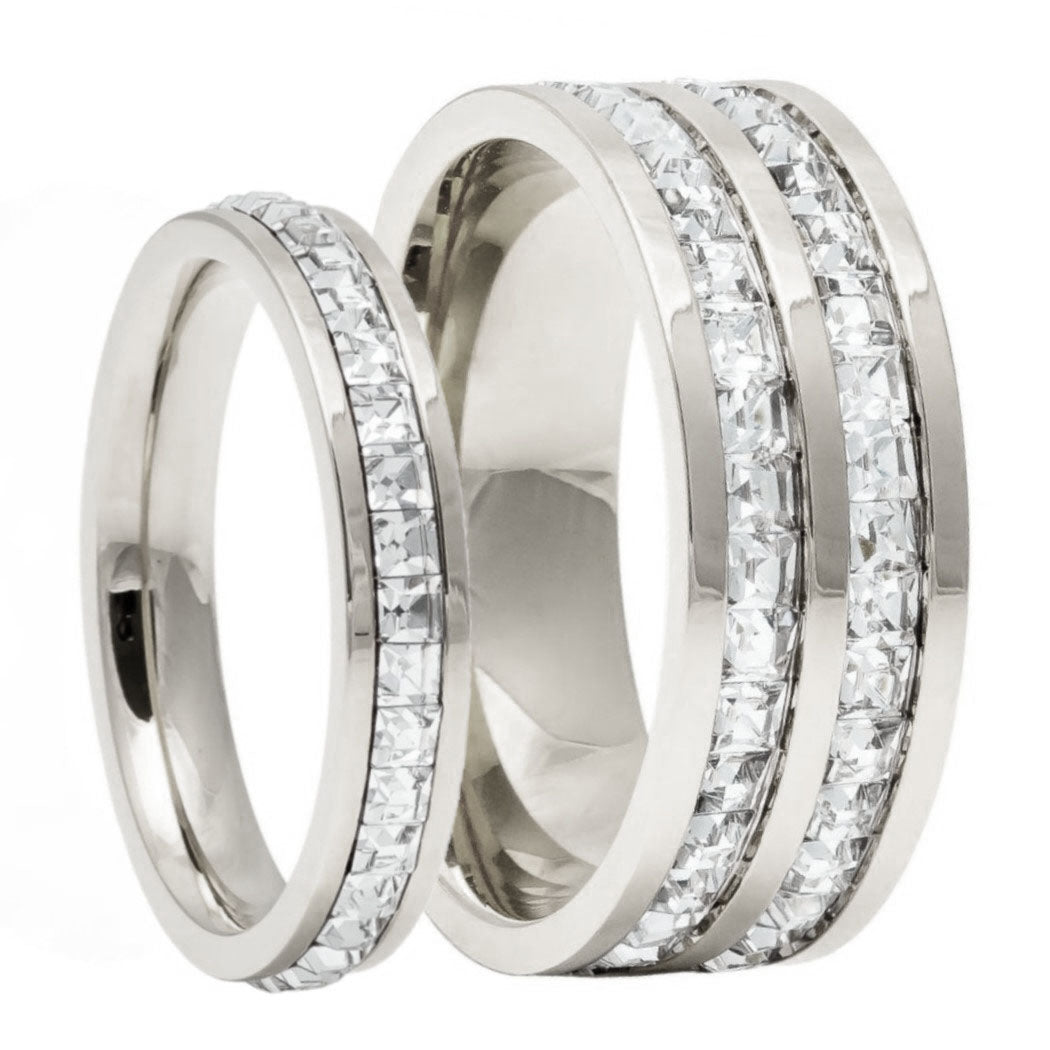 Titanium & Square Cubic Zirconia Couple's Matching Wedding Band Set