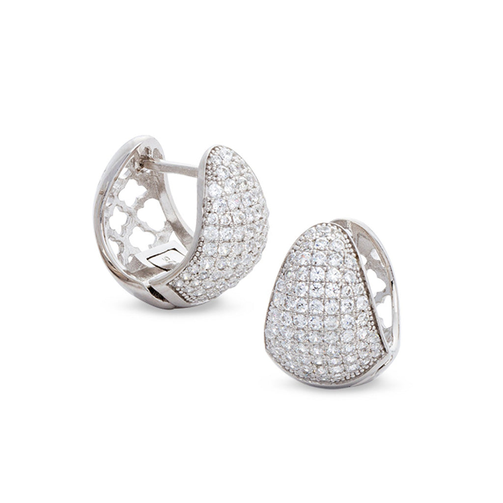 A triangle huggie earrings with 148 simulated diamonds displayed on a neutral white background.
