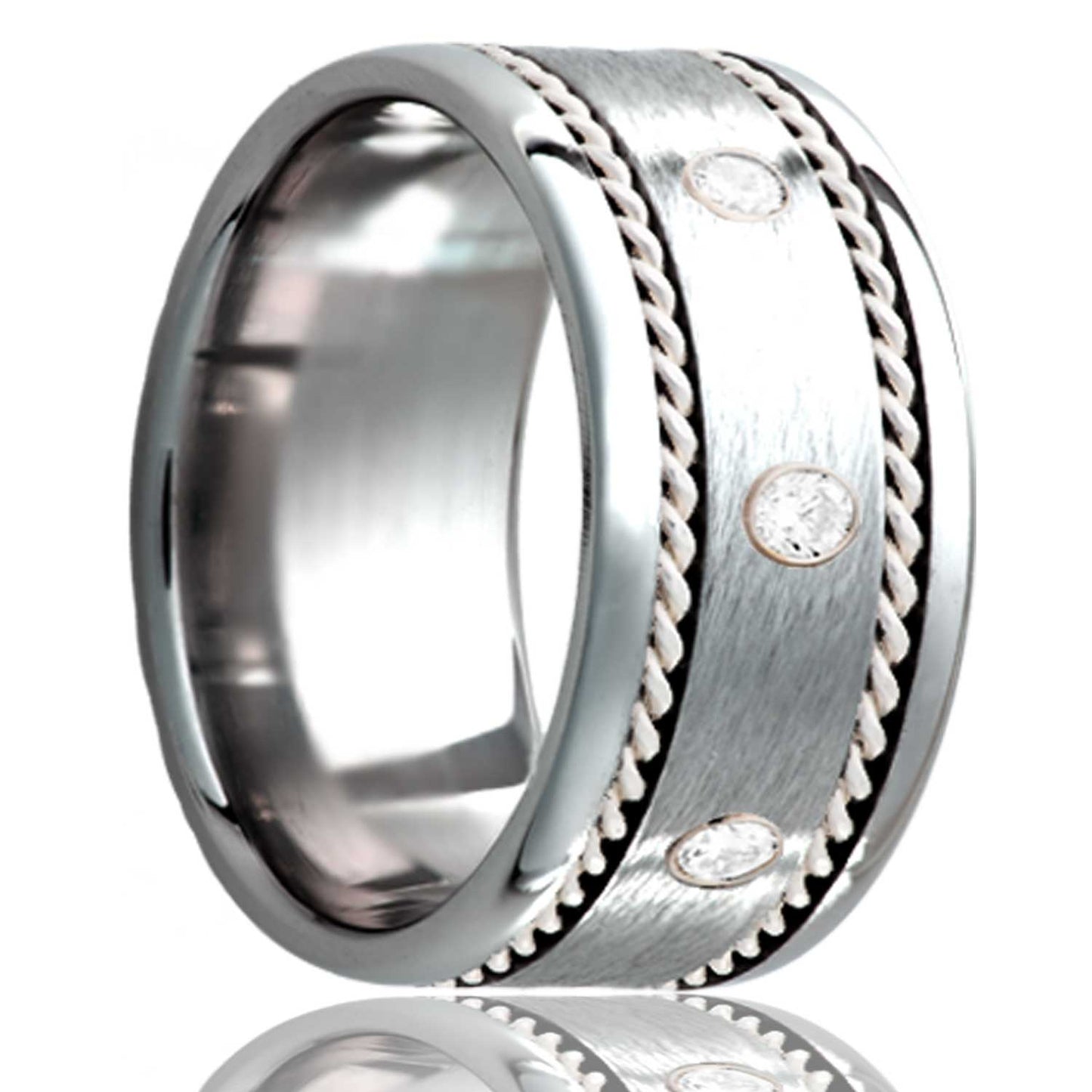 Triple Diamond & Dual Hand Woven Argentium Silver Inlay Satin Finish Cobalt Wedding Band