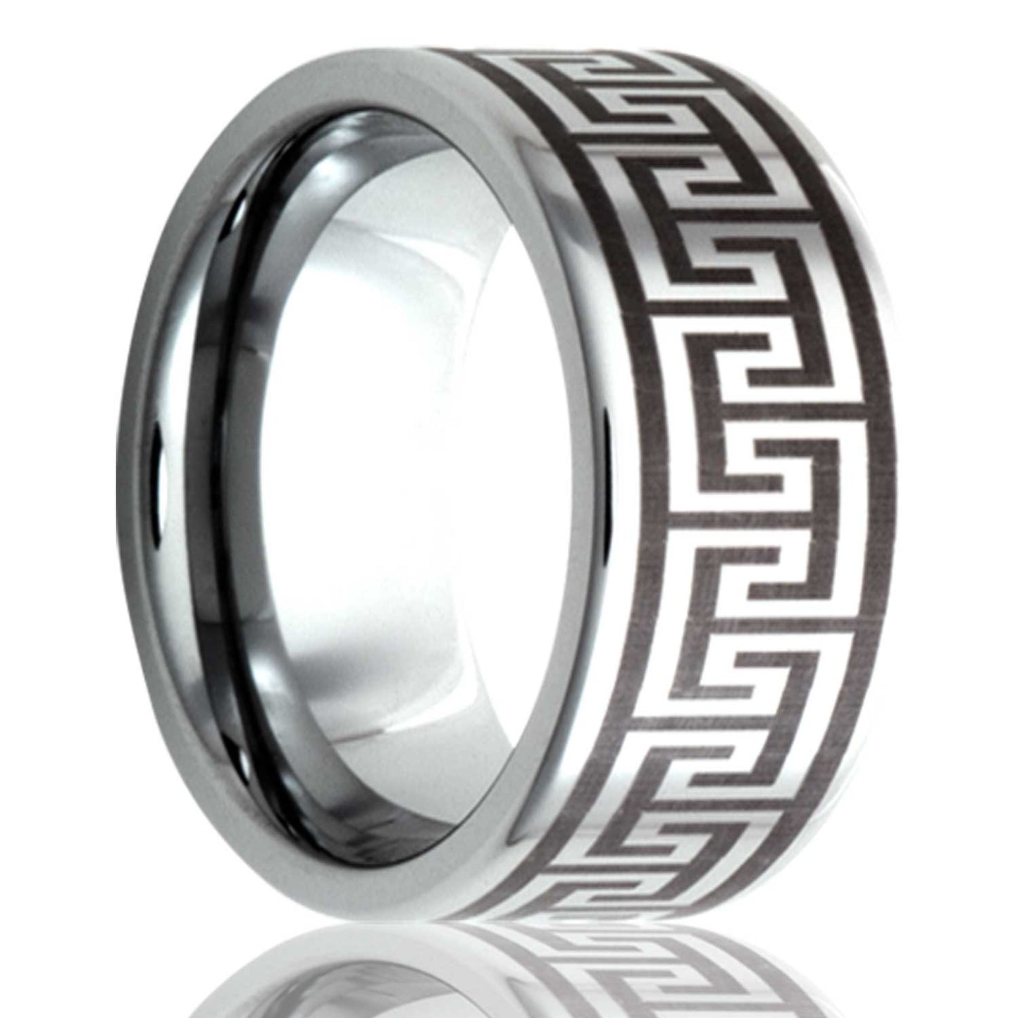 A greek key tungsten wedding band displayed on a neutral white background.
