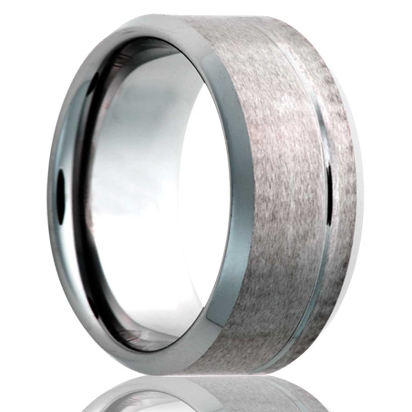 A satin finish grooved tungsten wedding band with polished beveled edges displayed on a neutral white background.