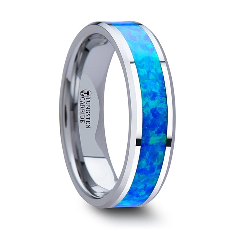Tungsten Men's Wedding Band with Blue & Green Opal Inlay