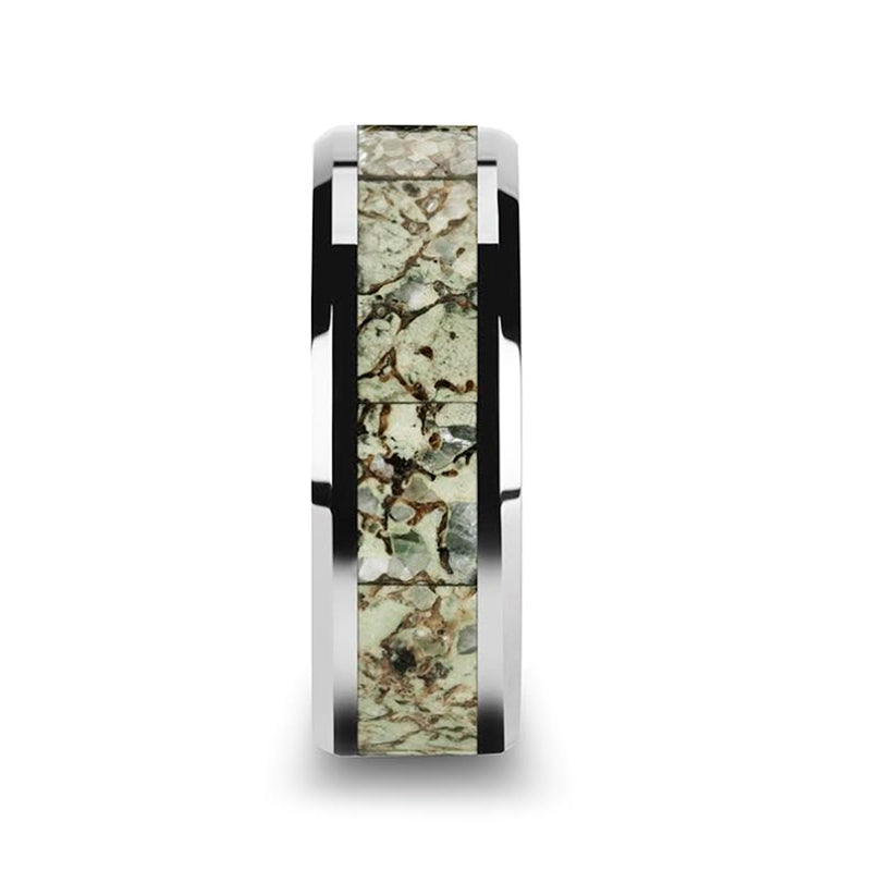 Tungsten Men's Wedding Band with Green Dinosaur Bone Inlay