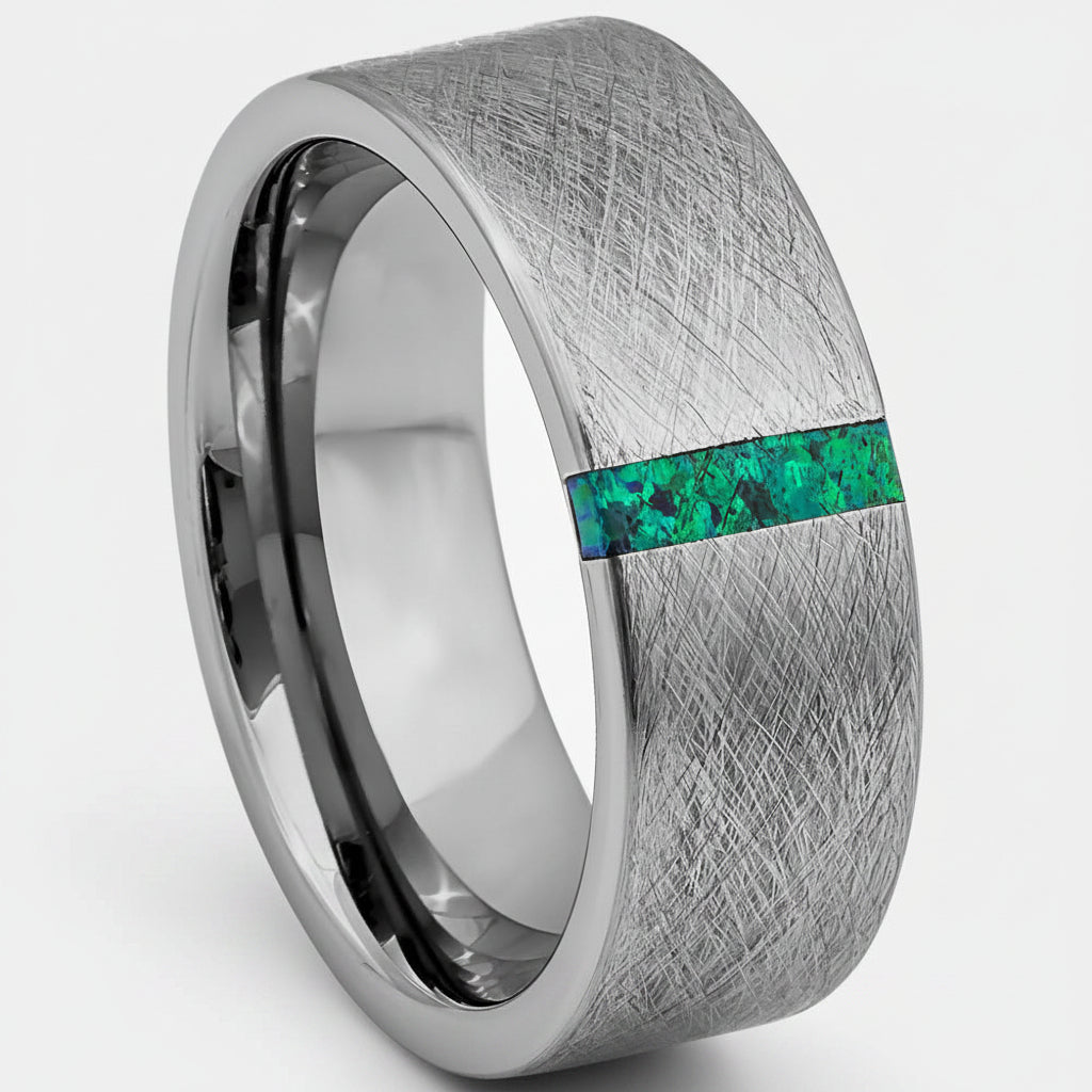 Tungsten Men's Wedding Band with Green Stone Inlay