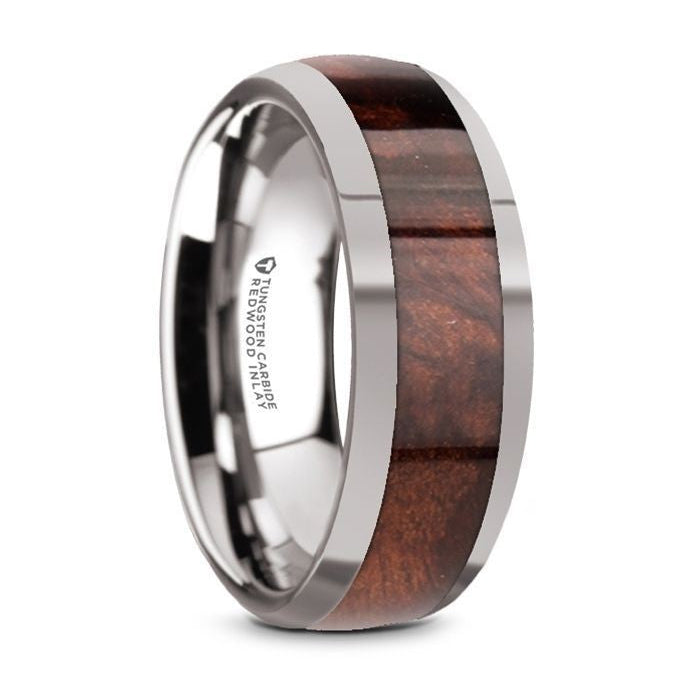 Tungsten Men's Wedding Band with Redwood Inlay