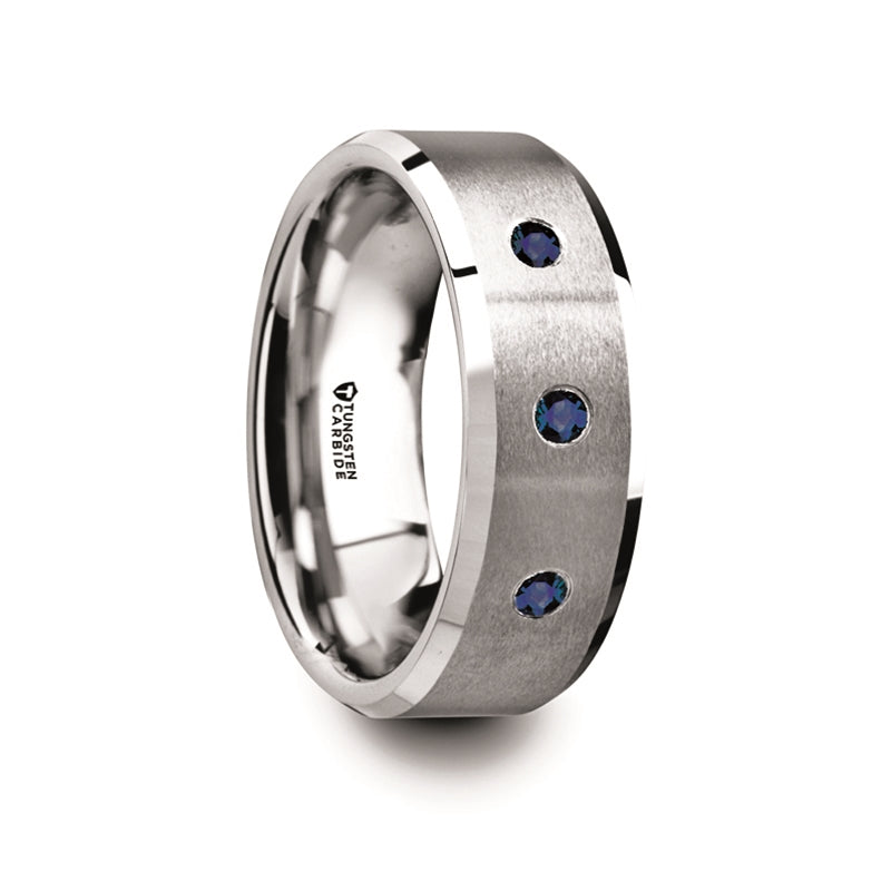 Tungsten Men's Wedding Band with Three Blue Sapphires