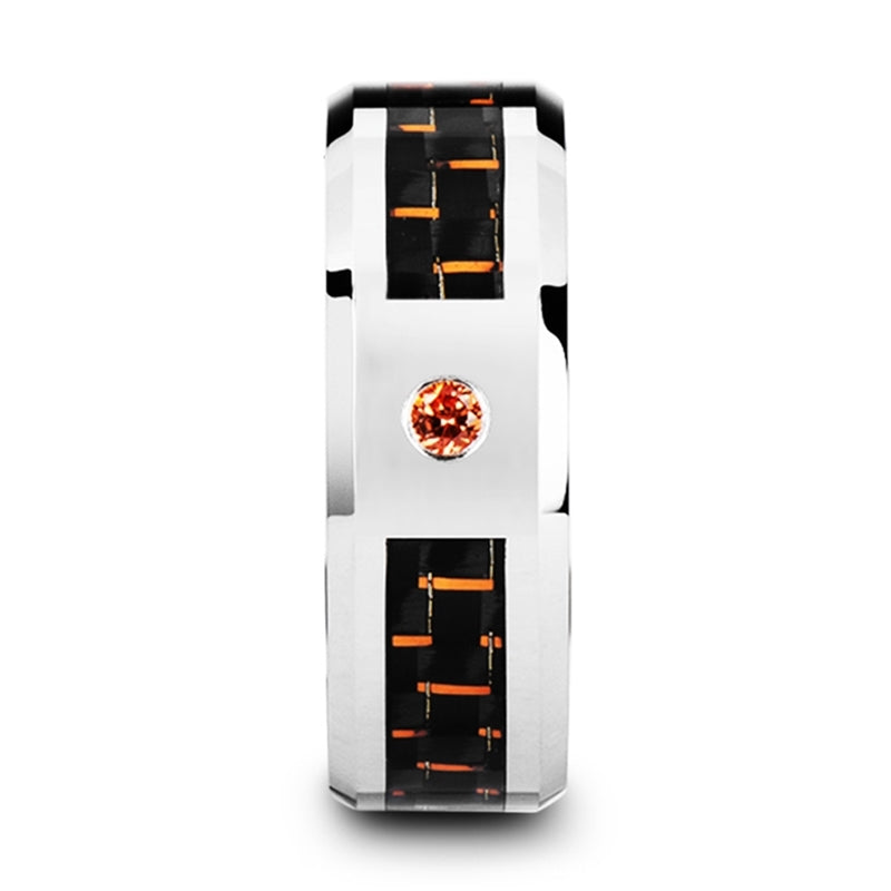 Tungsten Wedding Band with Black & Orange Carbon Fiber and Orange Padparadscha