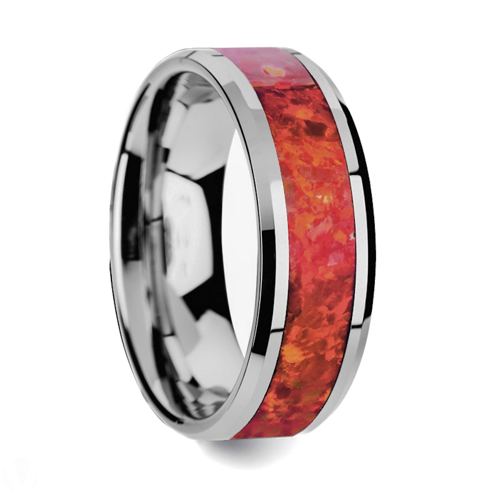 Tungsten Wedding Band with Red Opal Inlay