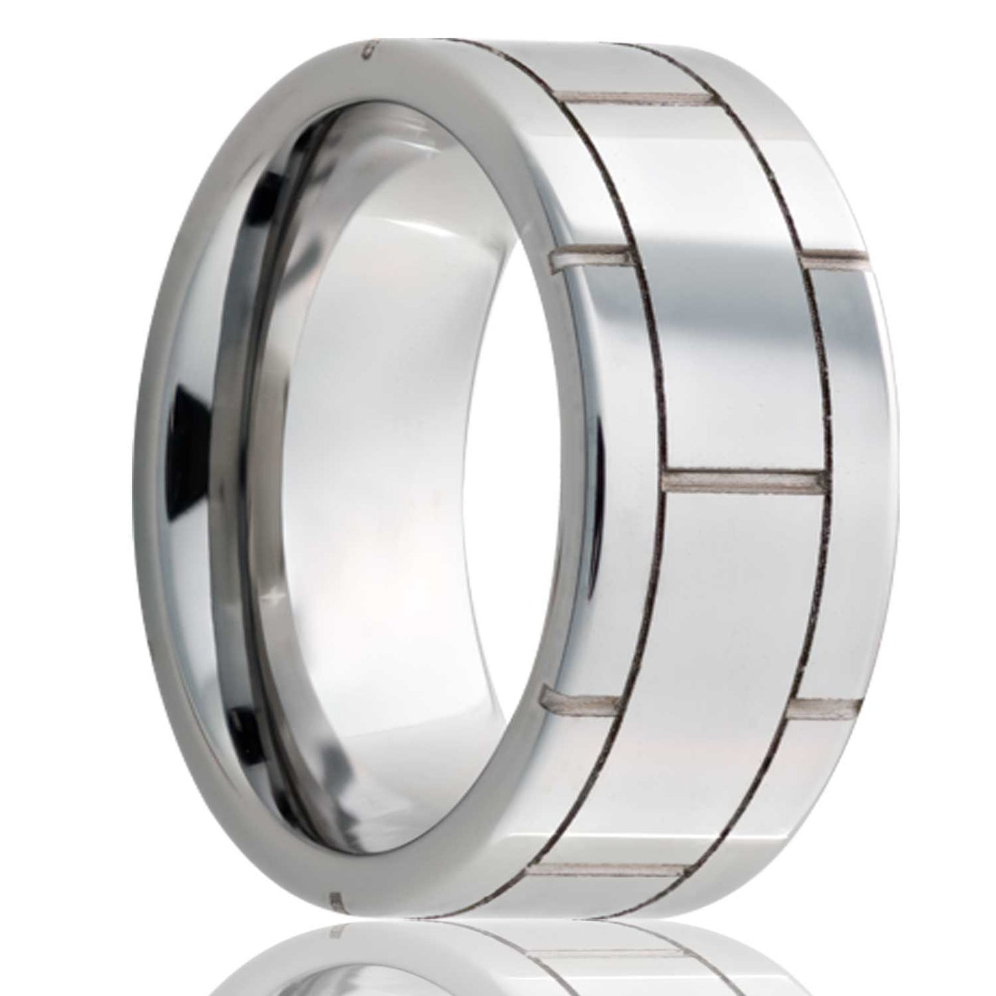 A brick pattern tungsten wedding band displayed on a neutral white background.