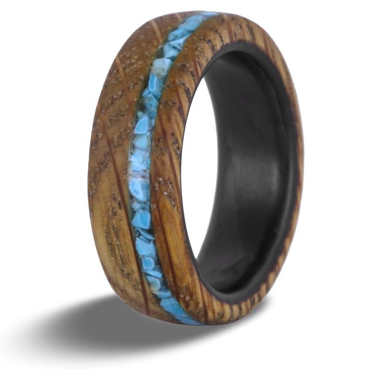 Turquoise Stone Inlaid Men's Wood Wedding Band with Carbon Fiber Interior