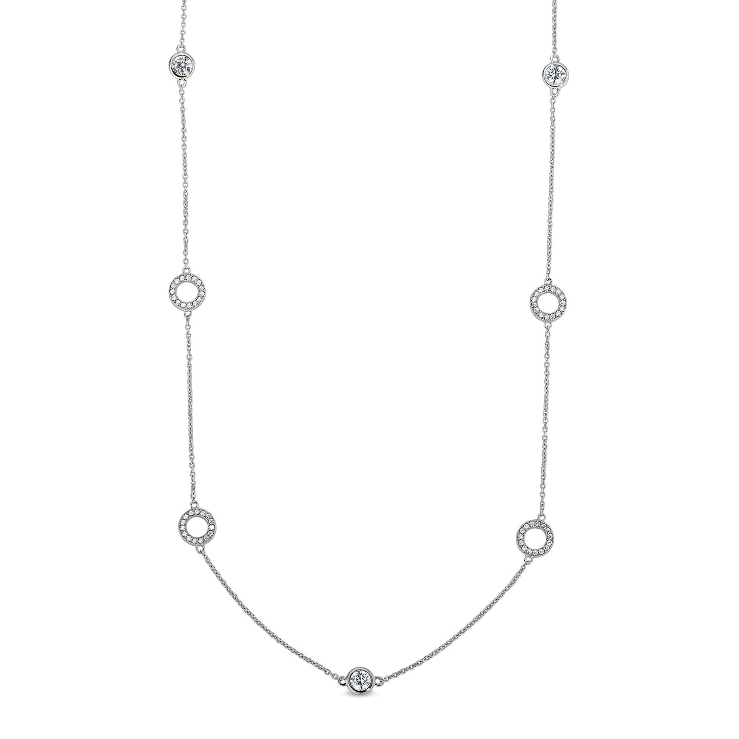 A 20" open circle and bezel necklace with simulated diamonds displayed on a neutral white background.