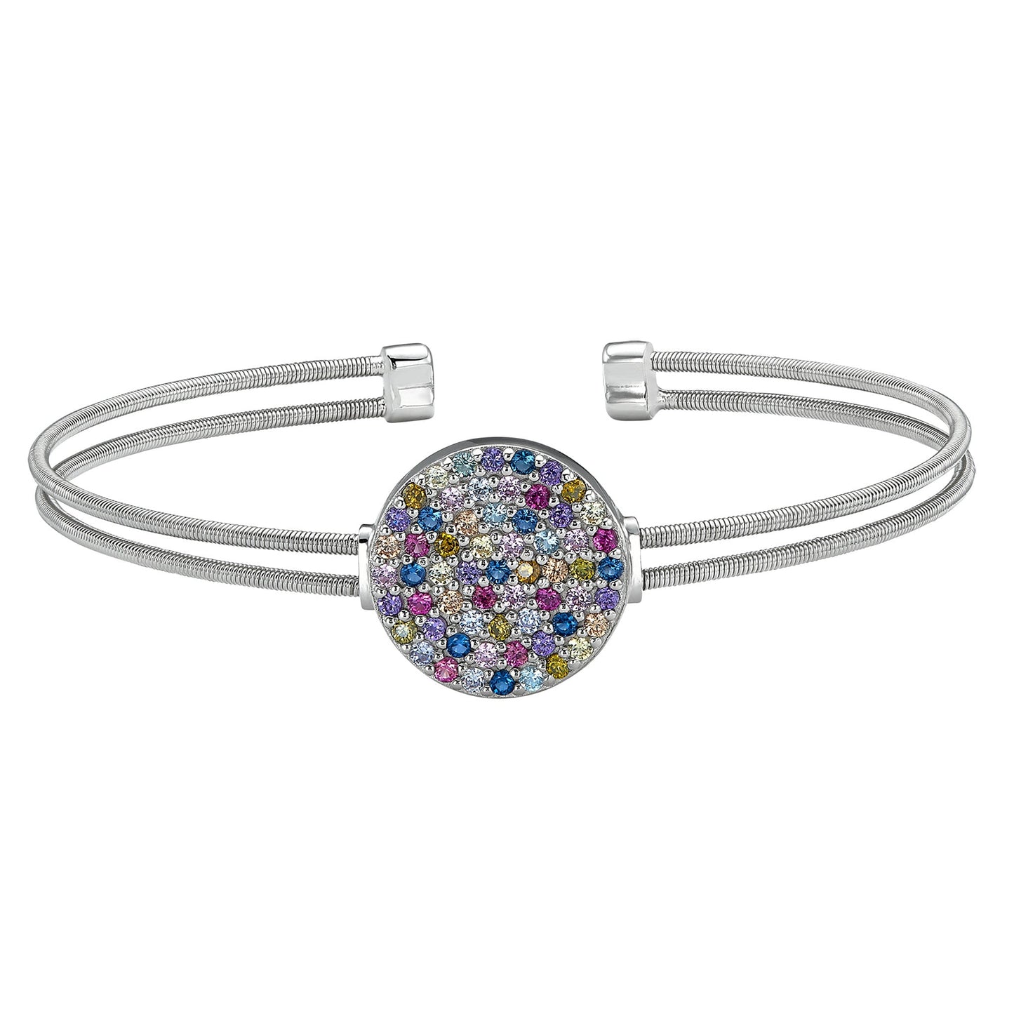 A two cable confetti bracelet with multi colored simulated diamonds displayed on a neutral white background.