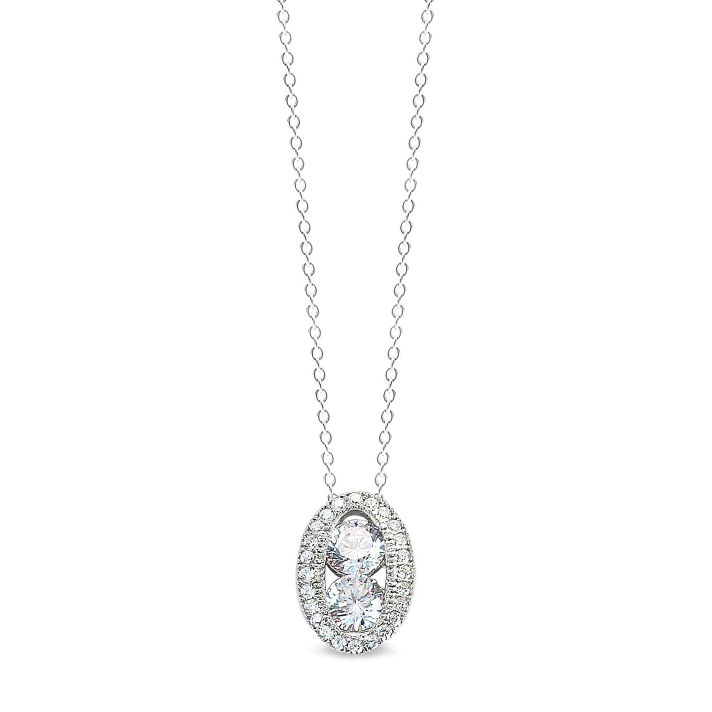 A two stone oval pendant with two 120 facet simulated diamonds displayed on a neutral white background.