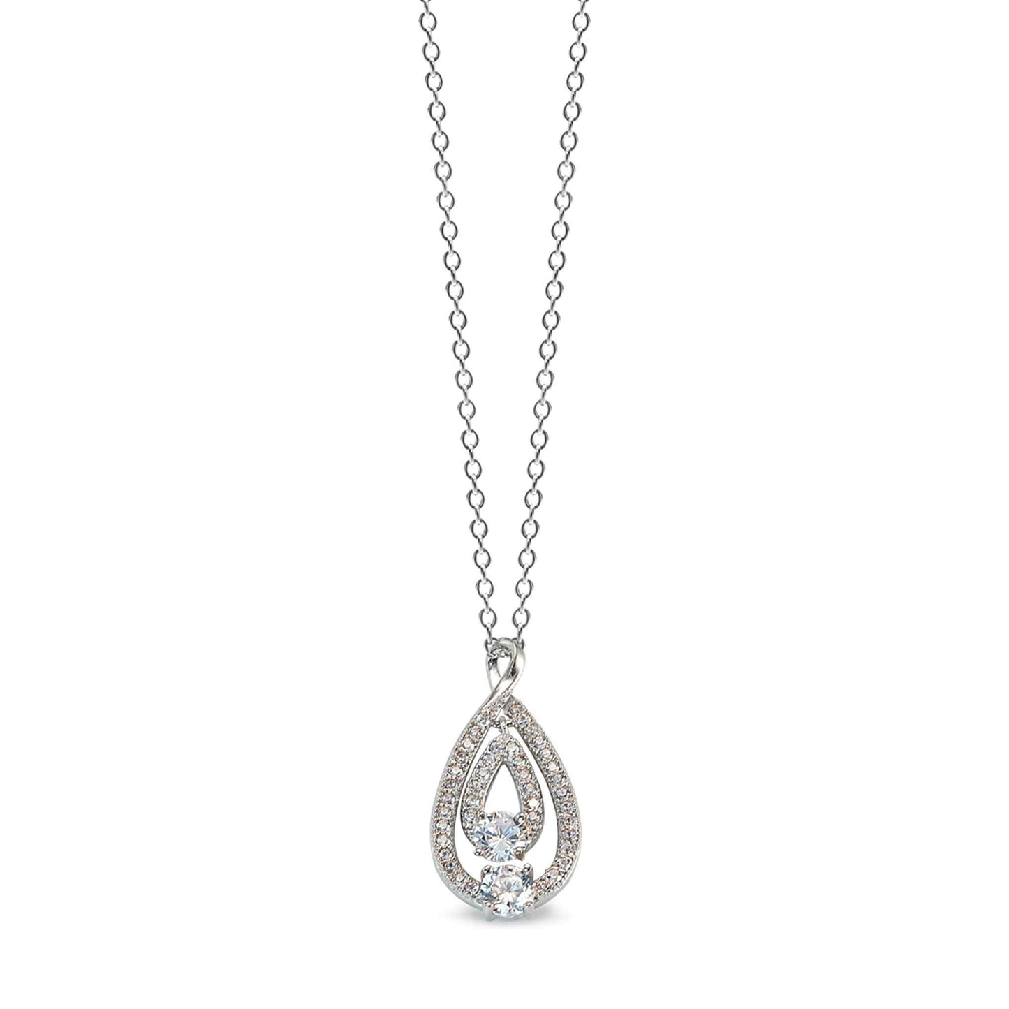 A two stone tear drop pendant with two 120 facet simulated diamonds displayed on a neutral white background.