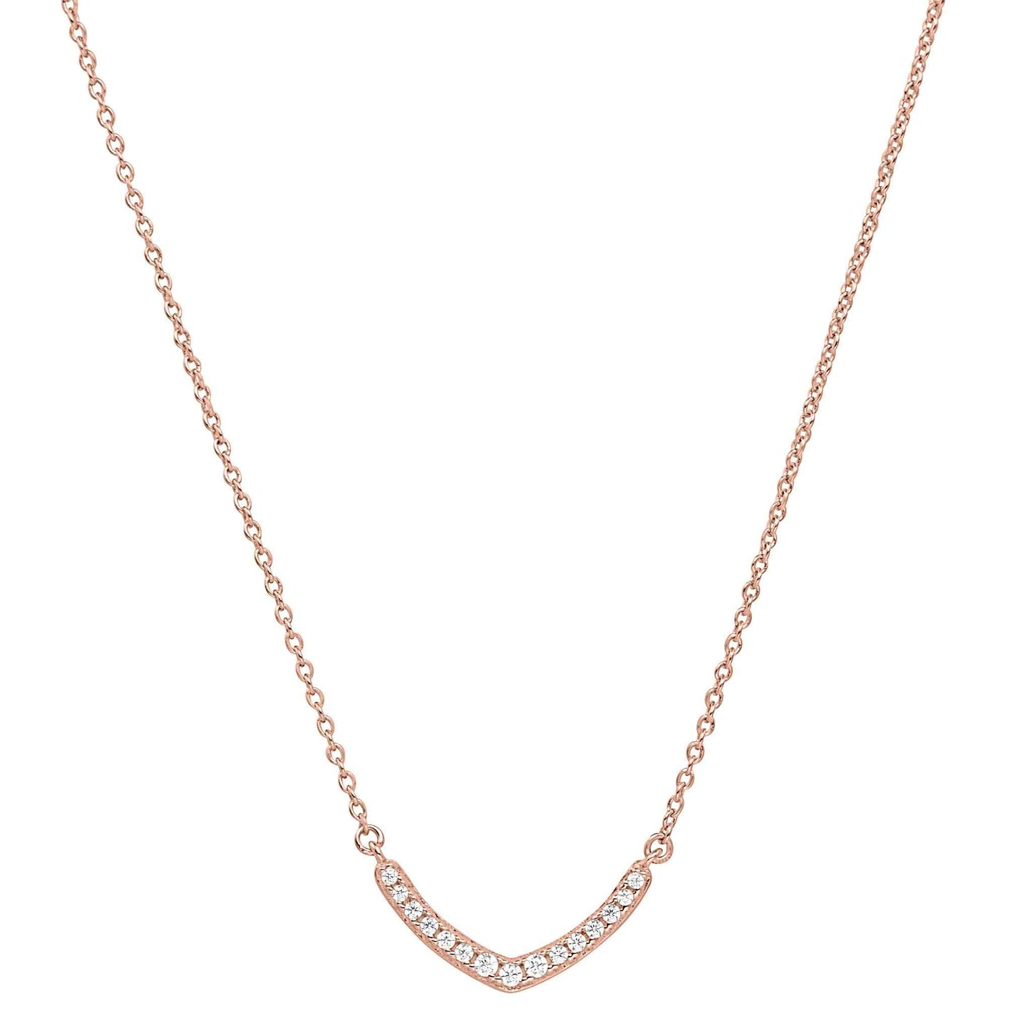 A v necklace with simulated diamonds displayed on a neutral white background.