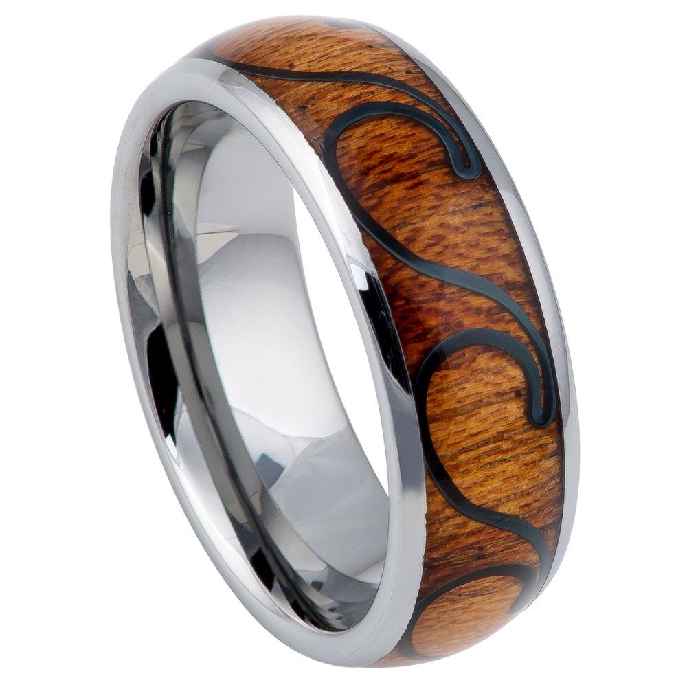 Wave Pattern Wood Inlay Men's Tungsten Wedding Band