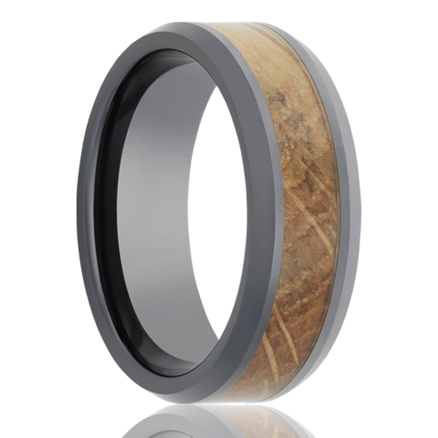 Whiskey Barrel Wood Inlay Ceramic Wedding Band with Beveled Edges