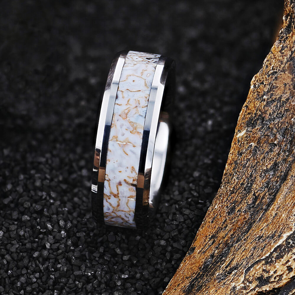 White Dinosaur Bone Inlay Tungsten Women's Wedding Band