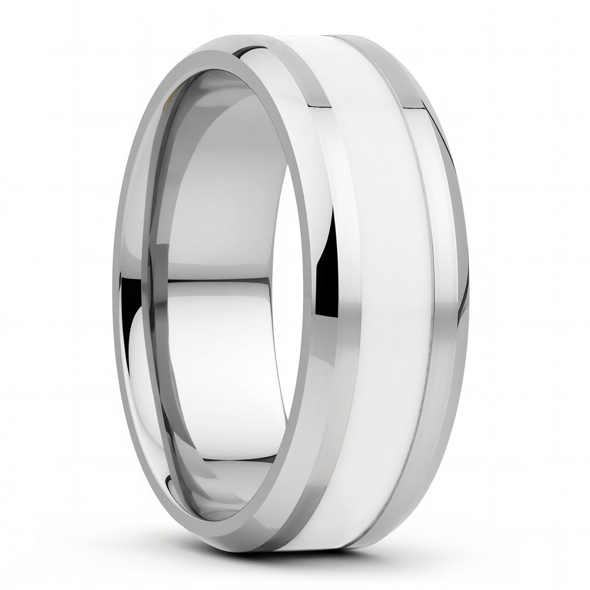 White Stripe Inlay Titanium Wedding Band with Beveled Edges