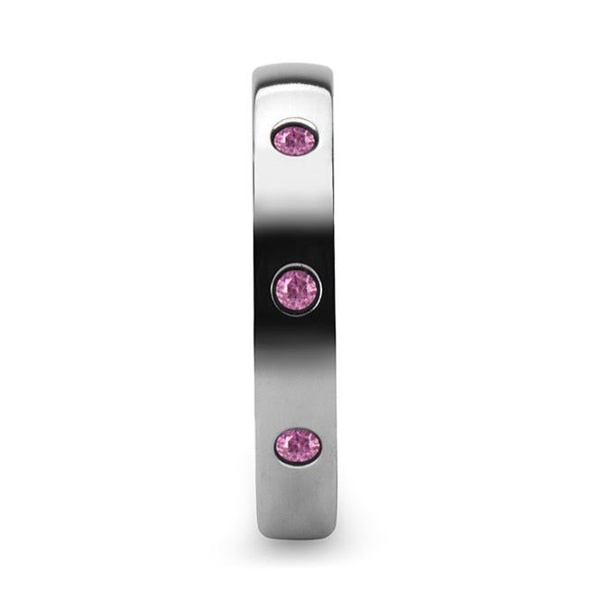 White Tungsten Women's Wedding Band with Three Pink Sapphires