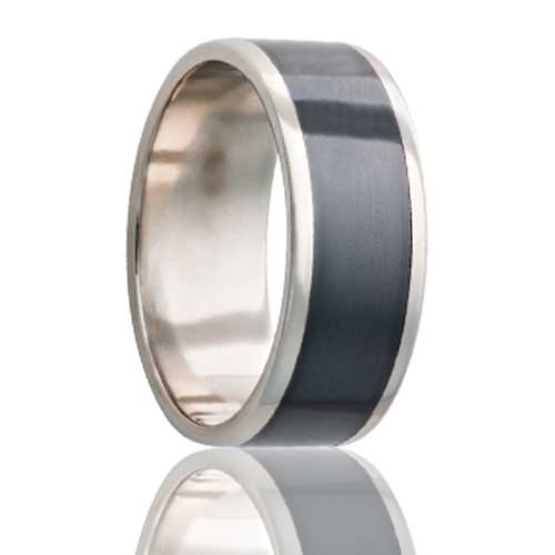 A 14k white gold men's men's wedding band with zirconium inlay displayed on a neutral white background.