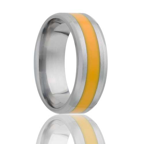 Yellow Stripe Inlay Titanium Wedding Band with Beveled Edges