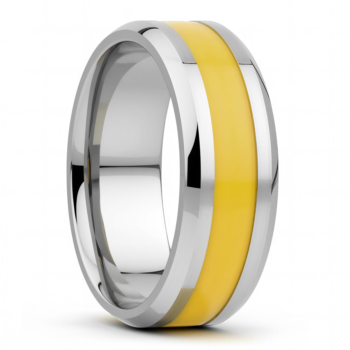 Yellow Stripe Inlay Titanium Wedding Band with Beveled Edges